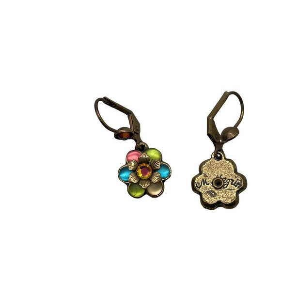 Michal Negrin Multicolor Enamel Crystal Flower Dangle Drop Earrings Brass Tone - Picture 5 of 5